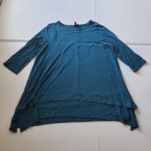 Eileen Fisher Tunic Shirt Womens Large Teal Layered Asymmetrical Hem 3/4 Sleeve